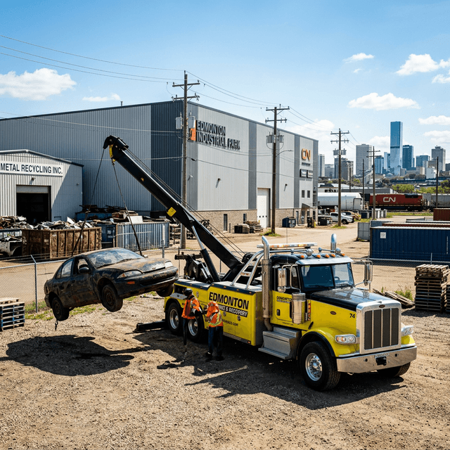 Scrap car lifted by a tow truck for cash and metal recycling in Edmonton