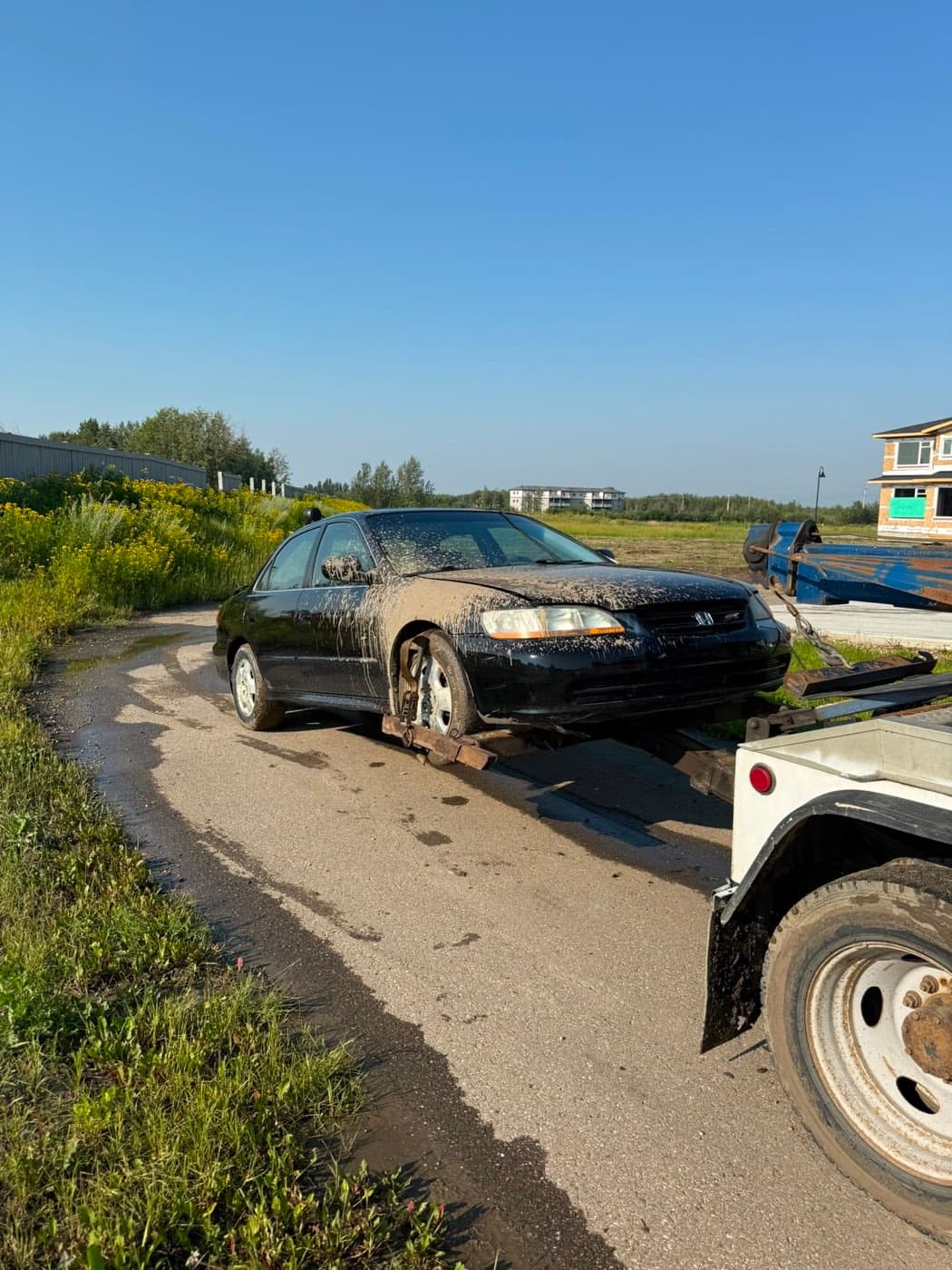 Black 2000 Honda Accord collected for cash in downtown Redwater, Alberta